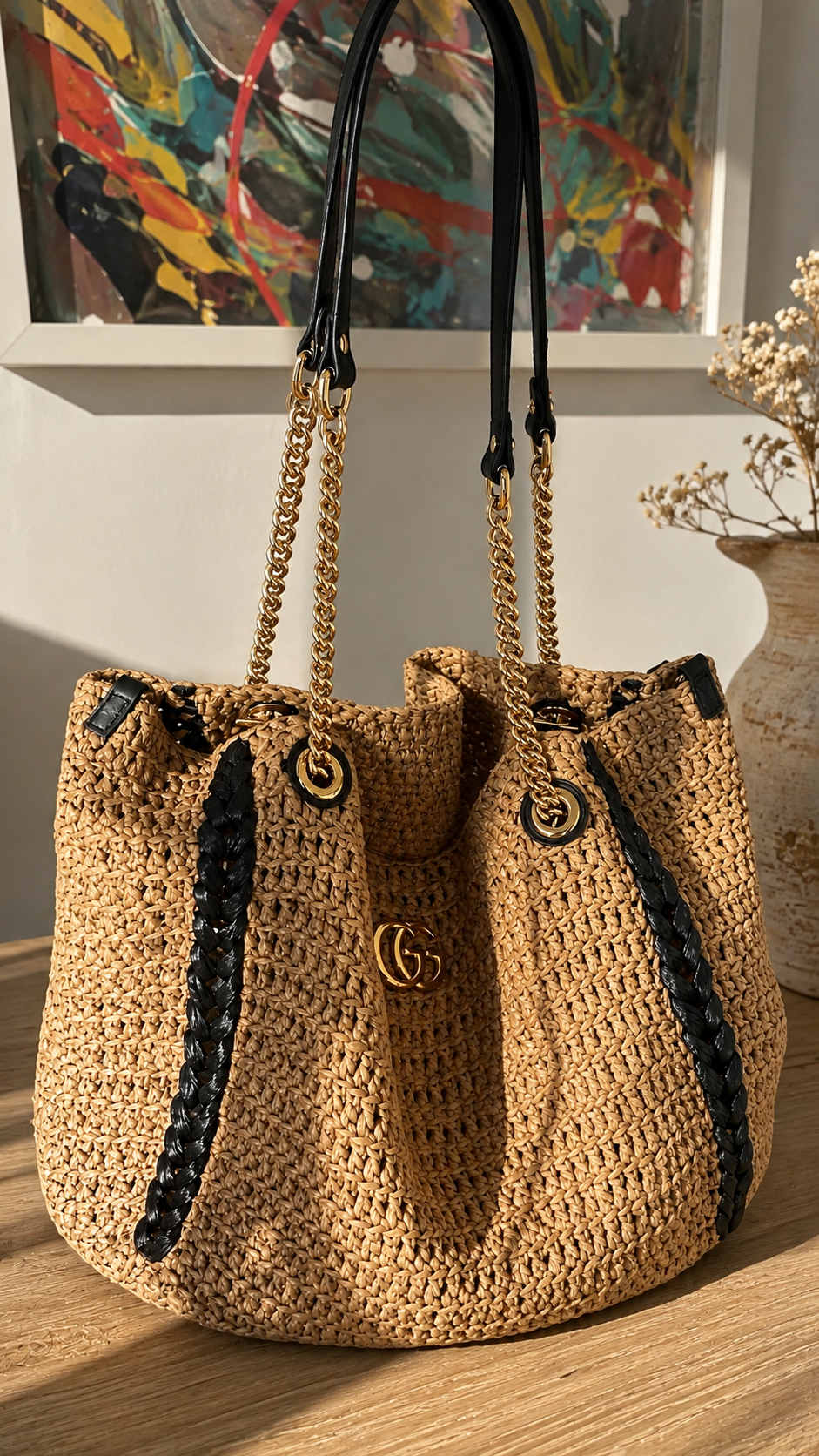 Gucci – Borsa in Rafia con dettagli in pelle
